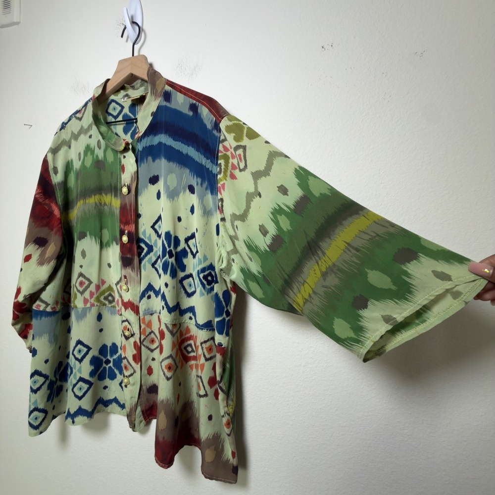 URU Women 100% SILK Button Down Top XL Ikat Abstract Patchwork Artsy Lagenlook - Picture 5 of 8